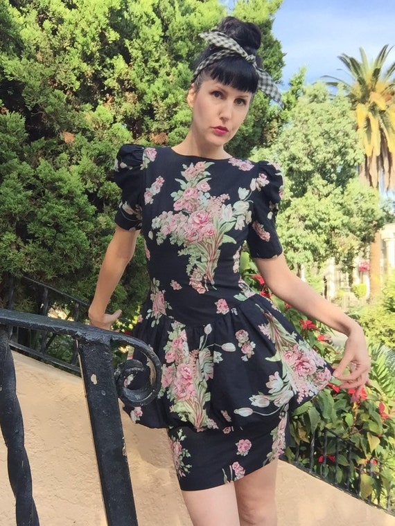 80’s Bouquet Print Bubble Peplum Mini Dress