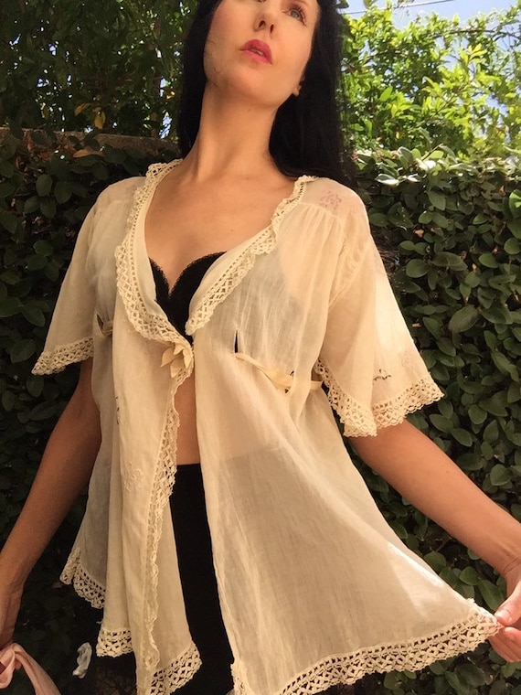 20's Lawn Bed Jacket with Laced Ribbon Waist