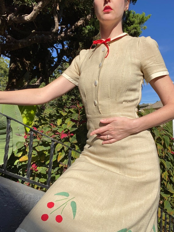 40’s Phil Macdonald Taupe Linen Day Dress with Ch… - image 4