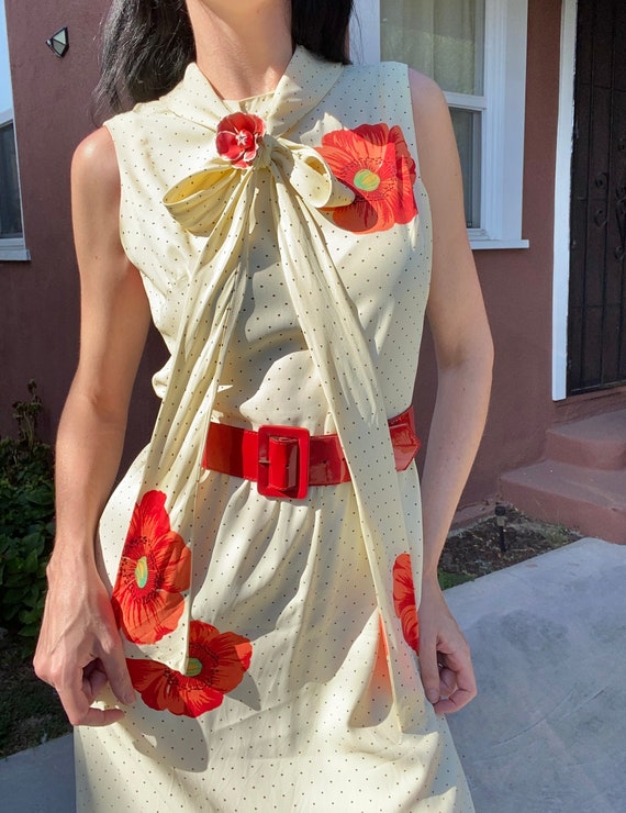 70’s Swiss Dot & Poppy Print Midi-Dress with Matc… - image 2