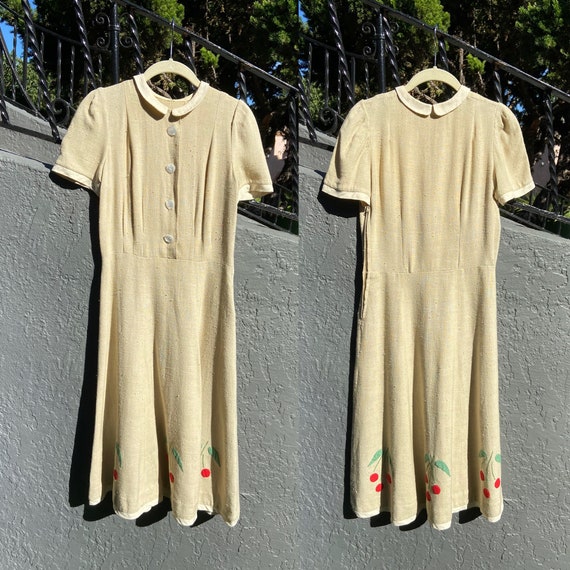 40’s Phil Macdonald Taupe Linen Day Dress with Ch… - image 3