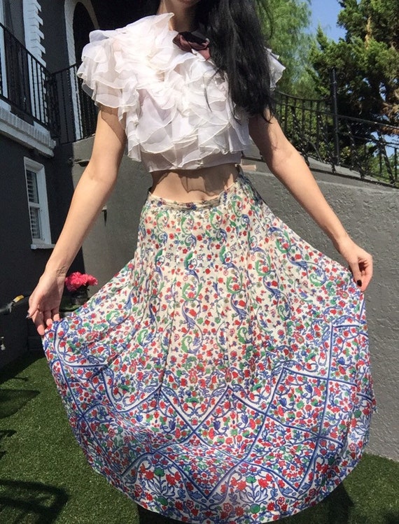 30’s Cotton Voile Skirt with Folksy Floral Print