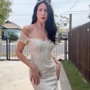 strapless open back dress Zapaka Women Ivory Lace Rehearsal Dinner Dress Sheath Off The Shoulder Long Engagement Dress, Ivory / US10 main image 0