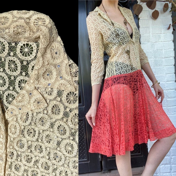 60’s does 20’s Spiderweb & Floral Two-Tone Lace S… - image 1