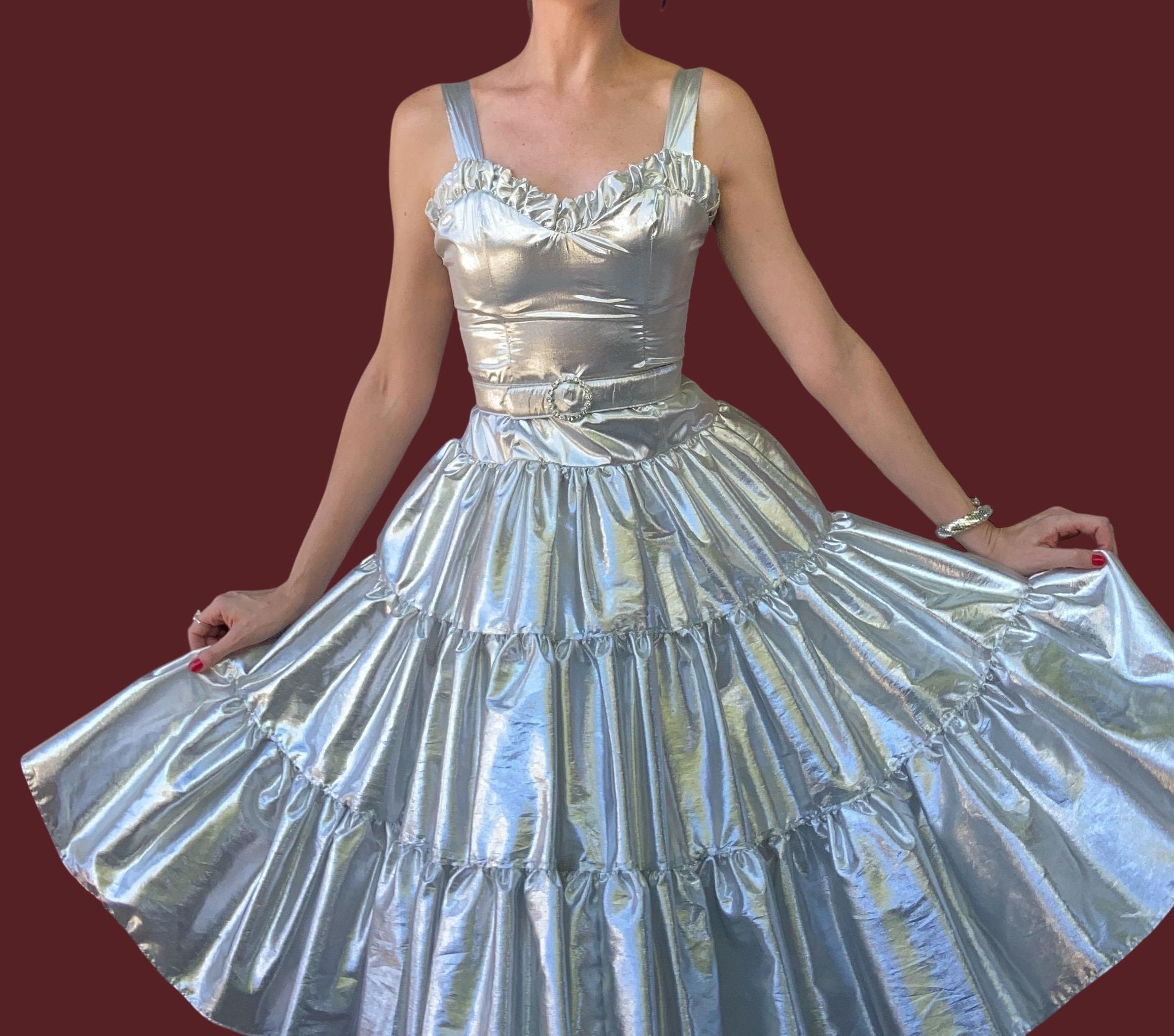 80s silver dress 1980s Silver Lame Strapless Sweetheart Dress 80s Corset Dress Bubble Skirt 80s Prom Dress 80s Party Dress 80s Metallic Dress / Extra Small