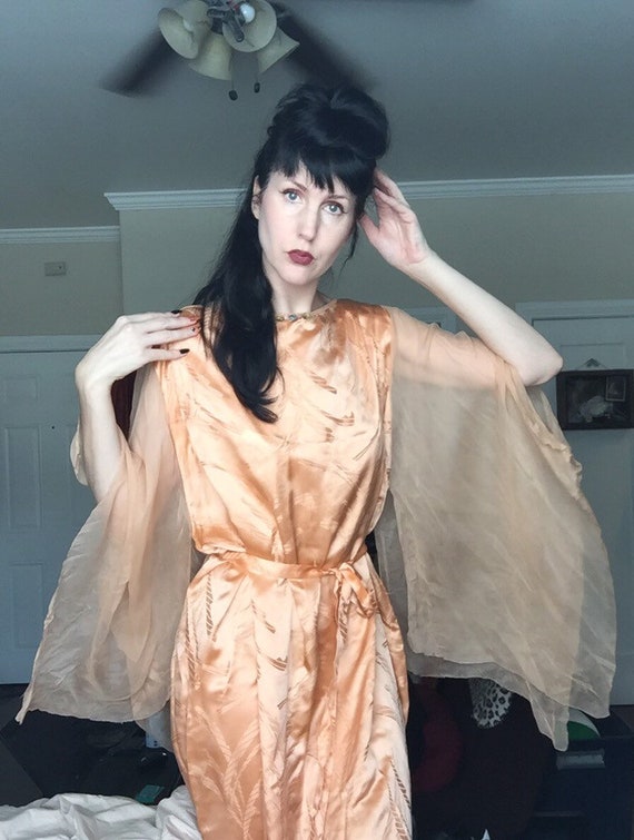 30’s Silk Satin Boudoir Gown with Chiffon Angel Sl