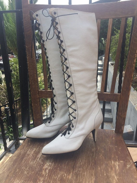 80's White Leather Tall Granny Boots by Sacha Lond