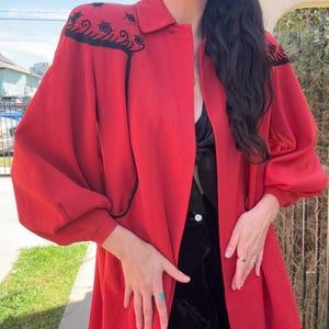 RESERVED ON LAYAWAY 40’s Tomato Red Wool Crepe Swing Jacket with Decorated Yoke & Lantern Sleeves