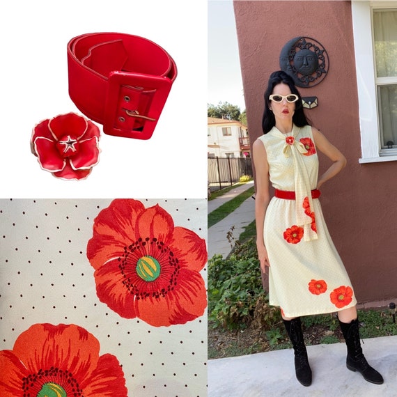 70’s Swiss Dot & Poppy Print Midi-Dress with Matc… - image 1