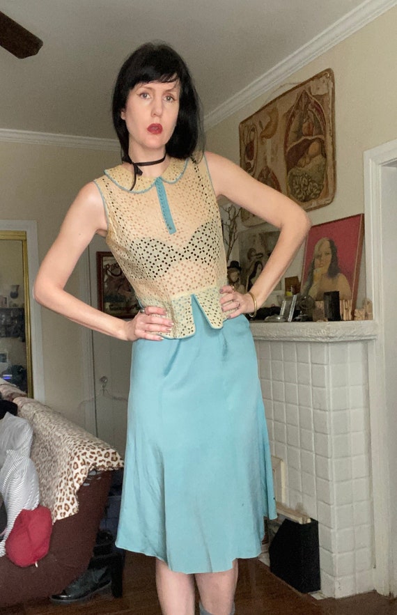 30’s Eyelet Bodice Day Dress with Aqua Rayon Crepe