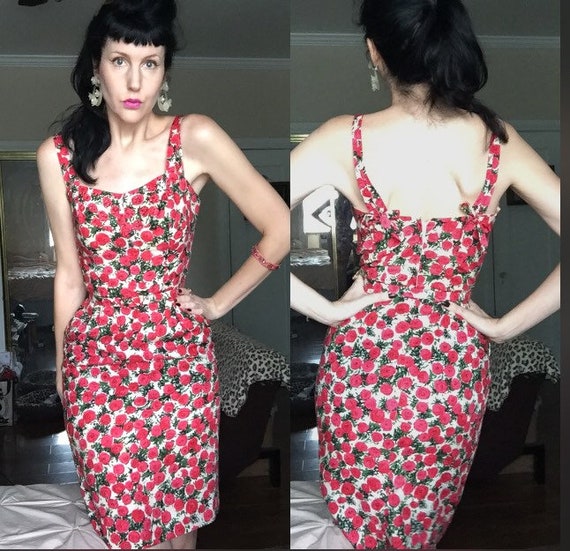 50’s Magenta Rose Print Wiggle Dress with Sequin … - image 1