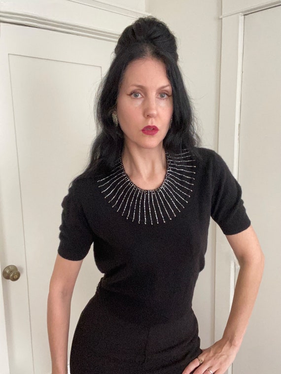 50’s Black Cashmere Short Sleeve Sweater with Embe