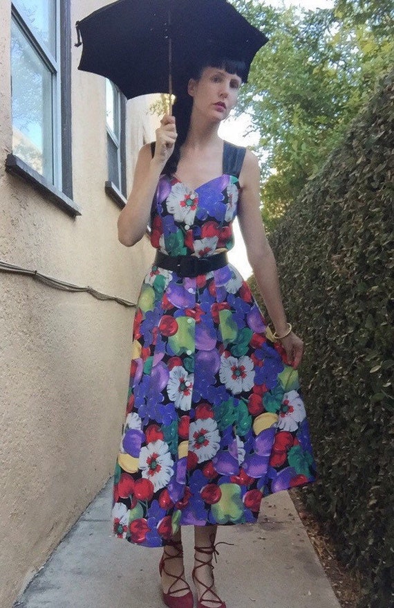90's Fruit & Cherry Blossom Print Rayon Maxi Dress