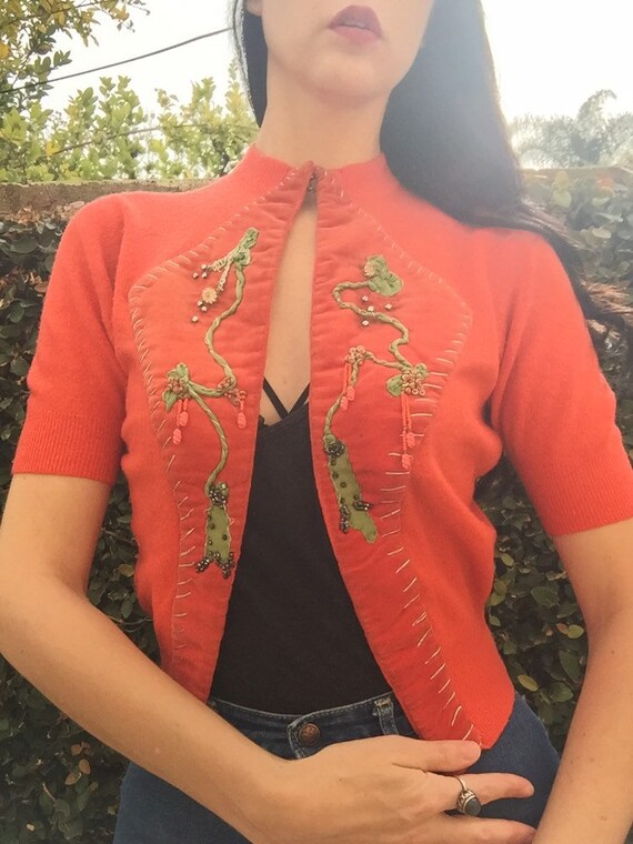 50’s Coral Cardigan with 30’s Beaded Velvet Appliq