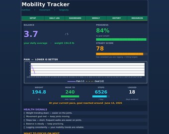 Foglio di calcolo per il monitoraggio della mobilità e del movimento per adulti over 50 / Dashboard per esercizi, equilibrio e recupero rispettosi delle articolazioni / Excel + Fogli Google