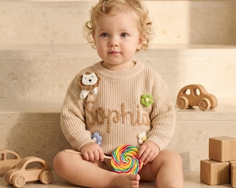 Personalized Baby Sweater, Handmade Knit Jumper, Embroidered Keepsake Gift for Newborn Milestone Photos