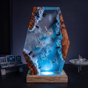 Interstellar Fleet Resin Lamp, Multiple Fantasy Space Ships and Cosmic Adventure Scene, Handmade Galaxy Decor Gift