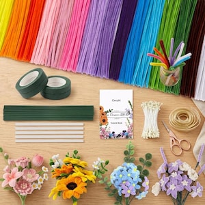 May include: A craft kit featuring a large assortment of colorful fuzzy pipe cleaners, two rolls of green floral tape, green wire stems, white glue sticks, a Cwczhi tutorial book, white floral stamens, gold ribbon, copper scissors, and four floral bouquets.