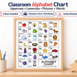 May include: A classroom alphabet chart in a light wood frame featuring uppercase and lowercase letters from A to Z, each paired with a colorful illustration and corresponding word. The chart includes icons for apple, bee, cat, dog, elephant, frog, grapes, horse, igloo, jar, kite, lion, moon, nest, owl, pizza, queen, rose, star, truck, umbrella, vase, whale, xylophone, yo-yo, and zebra.