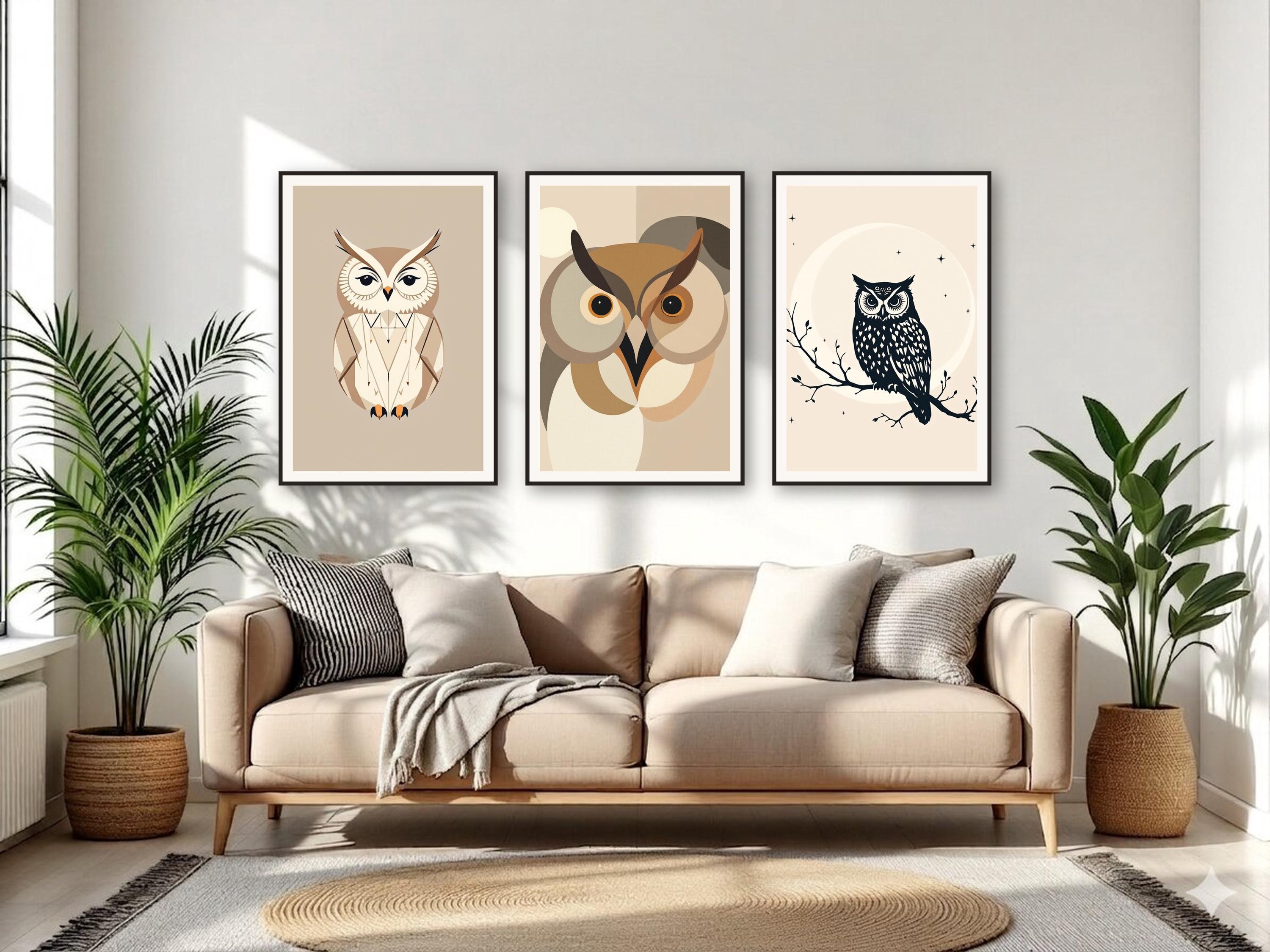 Set of 3 Minimalist Owl Prints, Boho Wall Art, Taupe Cream Abstract
