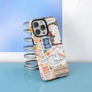 May include: A smartphone case featuring a collage of floral patterns and inspirational text including phrases like God is good, Let your light shine, and Be still and know that I am God. The design incorporates various script fonts and colors.