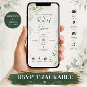 May include: A smartphone displaying an interactive digital wedding invitation with floral accents in green and gold. The screen shows the names Richard and Olivia, the date November 16, 2026, and icons for RSVP, directions, photos, and music. The text RSVP TRACKABLE is visible.