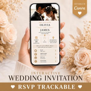 May include: A smartphone displaying an interactive digital wedding invitation for Olivia and James on August 24, 2026. The screen features a photo of a couple, event details, and navigation buttons for RSVP, directions, photos, and music.