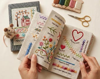 May include: An embroidery instruction book with pages displaying various stitches like chain, split, stem, and satin stitch, accompanied by a small felt mouse, five wooden spools of colored embroidery thread, and gold-toned metal scissors.
