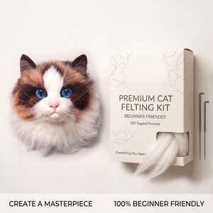 May include: A needle felting kit featuring a finished Ragdoll cat portrait with blue eyes, brown and white fur, a rectangular box labeled PREMIUM CAT FELTING KIT BEGINNER FRIENDLY DIY Ragdoll Portrait, and two metal felting needles.