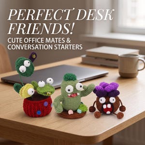 May include: Three crocheted figures: a red pot with green and yellow plants featuring googly eyes and a bee, a green cactus-like creature with googly eyes and a mouth, and a brown round figure with purple petals, googly eyes, and a wide mouth.