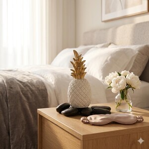 May include: A decorative pineapple sculpture with a textured white body and a metallic gold top, surrounded by smooth black river stones, a small clear glass vase containing white peony flowers, and a soft light pink fabric sleep mask.
