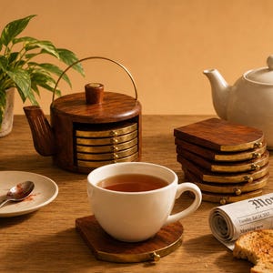 May include: A wooden teapot-shaped holder containing six circular coasters with brass edges, alongside a stack of six matching coasters, a white ceramic teacup, a white teapot, a small plate with a spoon, and a newspaper on a wooden surface.