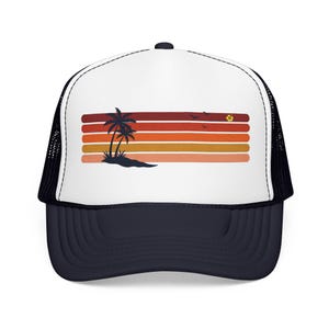 Retro Sunset Palm Trees Foam Trucker Hat | Vintage Beach Snapback | Summer Vacation Cap Gift