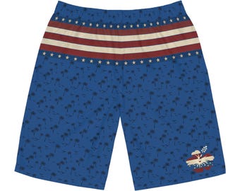 May include: Blue shorts featuring a repeating pattern of small black palm trees and birds. The upper section displays horizontal red and white stripes bordered by rows of white stars. A single hibiscus flower graphic is on the lower right leg.
