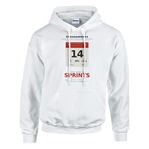 May include: White hoodie with a front graphic. The graphic includes a calendar design with the number 14, and the text "PROGRAMMERS AREN'T 100 ENDURANCE ATHLETES. THEY WORK IN SPRINTS."
