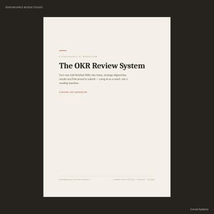 May include: A white document titled "The OKR Review System" with text describing how to turn OKRs into results. The document is part of the "Performance Review Toolkit" and mentions using AI as a coach.