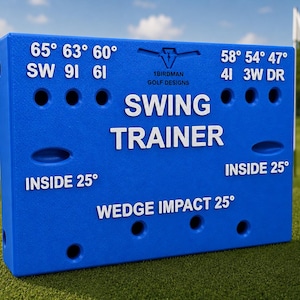 May include: A rectangular blue golf swing trainer with white text reading 1BIRDMANGOLF DESIGNS, SWING TRAINER, and various degree markings including 65, 63, 60, 58, 54, 47, and 25. The device features multiple circular holes and recessed handle grips.