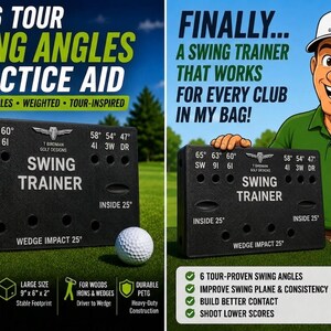 May include: A black rectangular golf swing trainer with white text and markings. The device features multiple angle settings including 65, 63, 60, 58, 54, 47, and 25 degrees. It includes a white golf ball and labels indicating a 1.5 lb weight and 9 by 6 by 2 inch size.