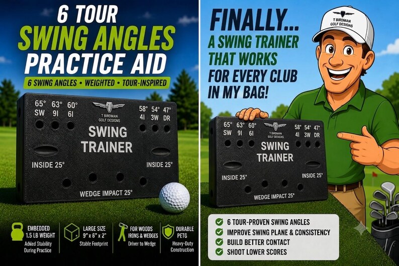 May include: A black rectangular golf swing trainer with white text and markings. The device features multiple angle settings including 65, 63, 60, 58, 54, 47, and 25 degrees. It includes a white golf ball and labels indicating a 1.5 lb weight and 9 by 6 by 2 inch size.