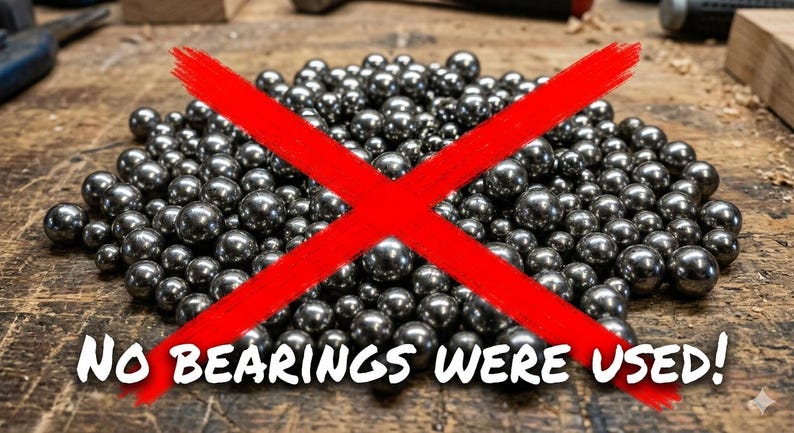 May include: A large pile of small, polished, spherical silver-colored metal ball bearings arranged in a mound. A bold, bright red X is superimposed over the center of the pile, and the text NO BEARINGS WERE USED! is printed in white at the bottom.