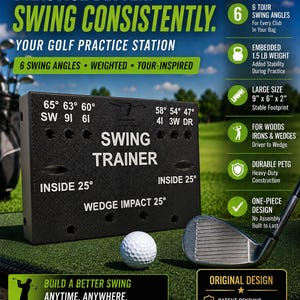 May include: A black rectangular golf swing trainer with white text including 65, 63, 60, 58, 54, 47 degree angles, SW, 9I, 6I, 4I, 3W, DR labels, and Inside 25 degree markings. It measures 9 inches by 6 inches by 2 inches and weighs 1.5 lbs.