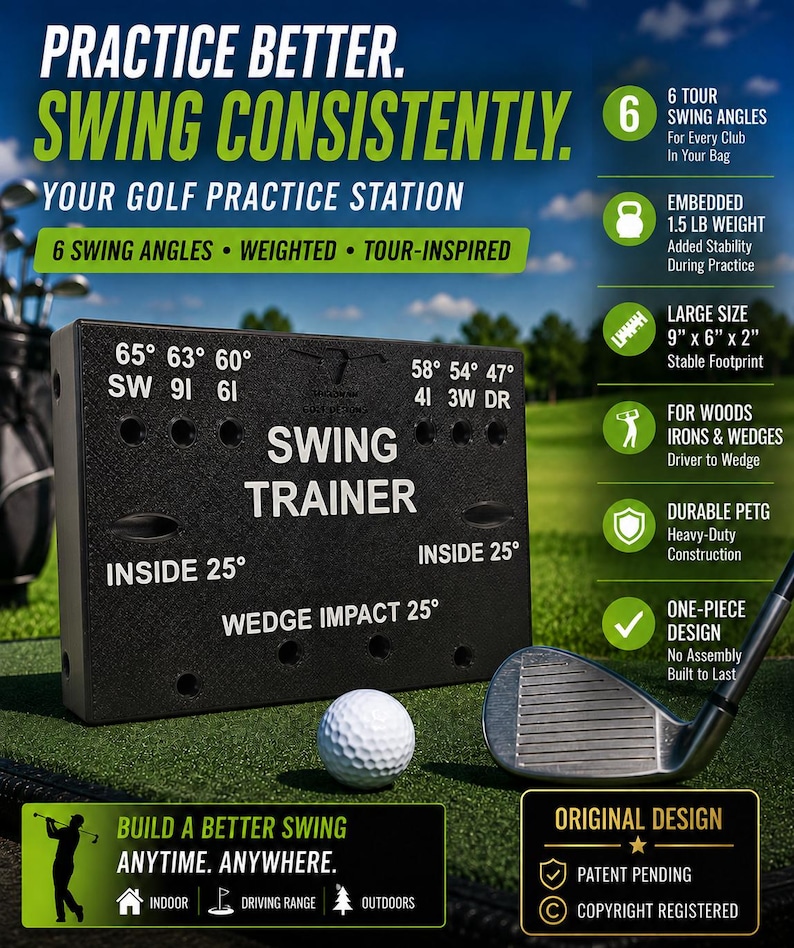 May include: A black rectangular golf swing trainer with white text including 65, 63, 60, 58, 54, 47 degree angles, SW, 9I, 6I, 4I, 3W, DR labels, and Inside 25 degree markings. It measures 9 inches by 6 inches by 2 inches and weighs 1.5 lbs.