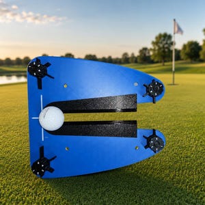 May include: A blue golf putting training aid with a U-shaped cutout and two black parallel rails. A white golf ball sits between the rails. The device features four black adjustable knobs at the corners, each marked with numbers for calibration.