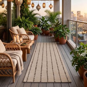 Könnte beinhalten: Ein Balkon mit einem langen beigen Läufer mit schwarzen gestrichelten Streifen, zwei hellen Korbsesseln mit Polstern, einem hölzernen Couchtisch mit Kerzen und verschiedenen grünen Topfpflanzen. Hängende Laternen und Lichterketten beleuchten den Bereich.