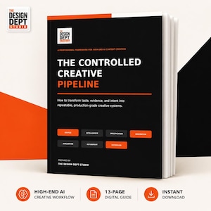 May include: A black and orange digital guide titled The Controlled Creative Pipeline by The Design Dept Studio. The cover features white and orange text, a professional framework for high-end AI content creation, and a 13-page layout design.