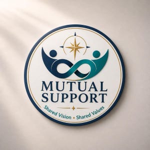 May include: A circular sign featuring a logo with two stylized figures forming an infinity symbol in dark blue and teal. Above the figures is a gold compass star. The text MUTUAL SUPPORT is centered below, with Shared Vision Shared Values below.