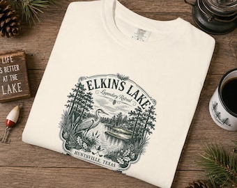 Koszulka wędkarska Elkins Lake | Koszulka vintage outdoorowa z nadrukiem Huntsville Texas