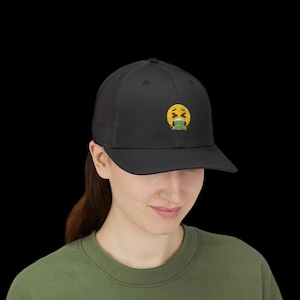 Embroidered Puke Emoji Snapback Trucker Cap | Nauseated Vomit Face Hat & Shirt