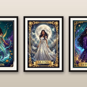 Ensemble d'impressions trio céleste Loteria | La Sirena La Luna La Estrella | Pixel Art Latina Bruja | Art populaire mexicain | Art mural en téléchargement numérique image 1