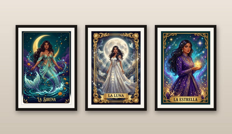 Ensemble d'impressions trio céleste Loteria | La Sirena La Luna La Estrella | Pixel Art Latina Bruja | Art populaire mexicain | Art mural en téléchargement numérique image 1